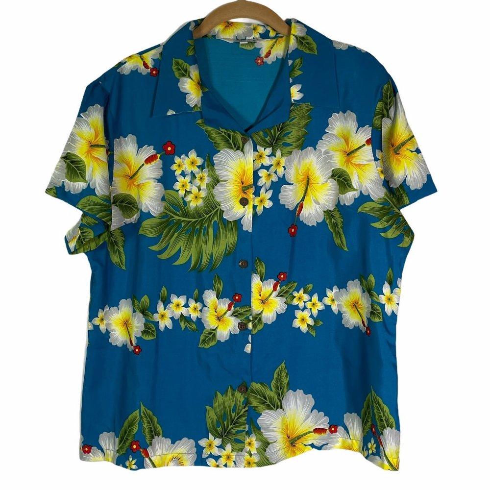 4/$25 ALVISH Shirt Blue Tropical  Hibiscus‎ Button Down Womens L